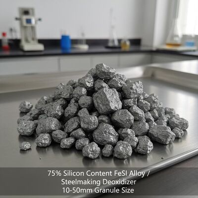 75% Kandungan Silikon FeSi Alloy untuk Deoxidizer pembuatan baja dengan ukuran granul 10-50mm